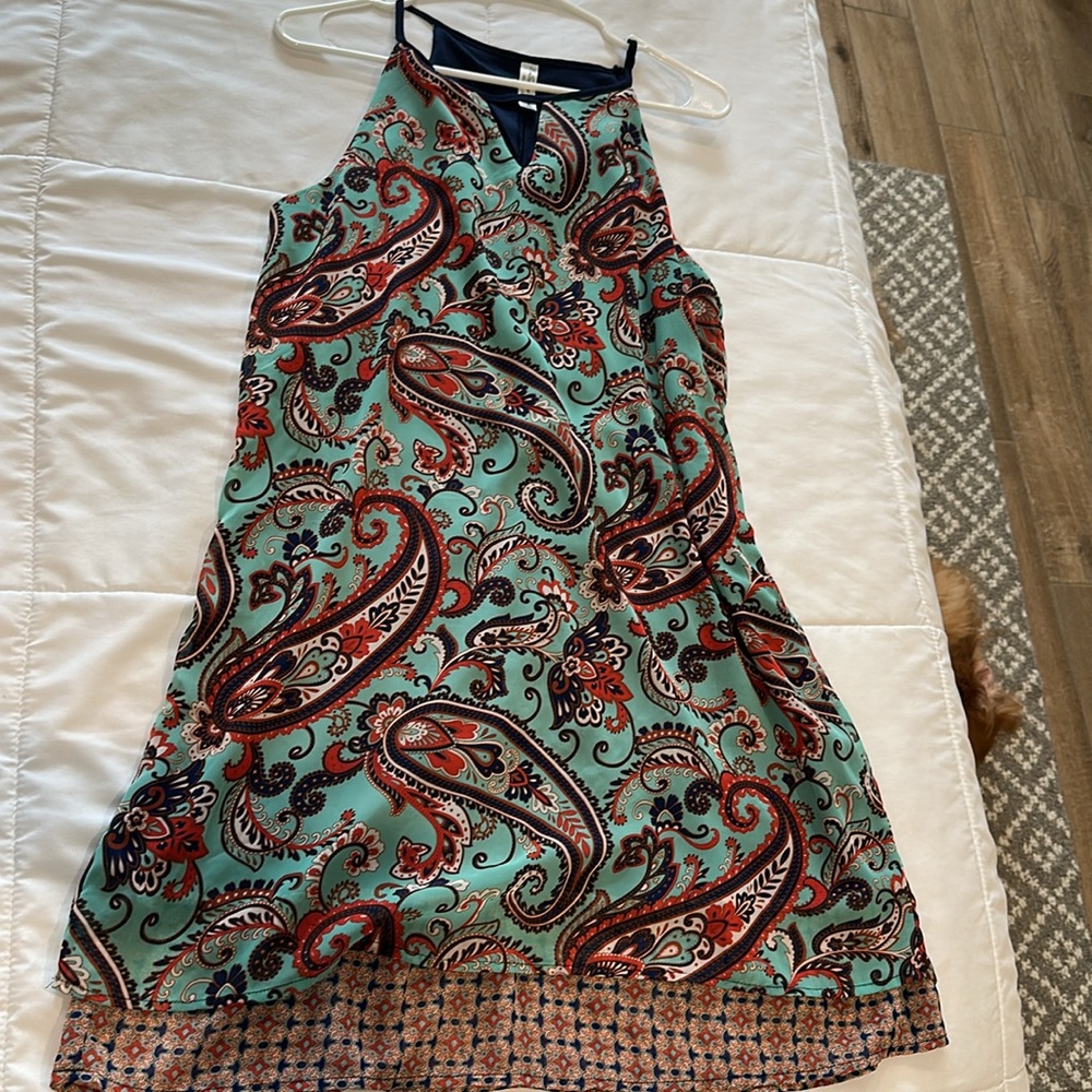 Green and Red A-line Halter Sleeveless Dress for Resort Wear